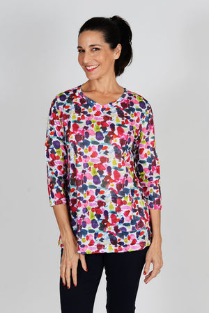 Top Ligne Pocket Top in Multi. Splash print in multi colors on a white background. V neck 3/4 sleeve a line top with single front patch pocket at left hem. Hits below hip._32492854182088