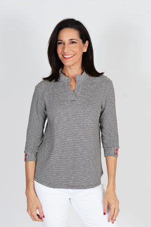 Black and white striped collared v neck shirt with 3/4 sleeve cuffs and button embelishments_32423740047560