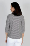 Black and white striped collared v neck shirt with 3/4 sleeve cuffs and button embelishments_t_32423740113096
