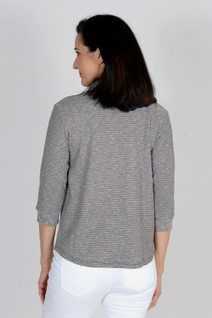 Black and white striped collared v neck shirt with 3/4 sleeve cuffs and button embelishments_32423740113096