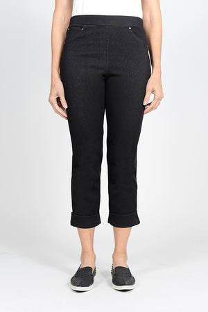 Holland Ave Becca Wide Cuff Pant in Black.  Pull on denim pant with faux pockets and faux zipper placket.  2" cuff.  Inseam: 23 1/2"_33565602971848