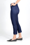 Holland Ave Becca Denim Wide Cuff Pant in Denim. Pull on denim pant with faux pockets and faux zipper placket. 2 rear patch pockets. 2" cuff. Inseam: 23 1/2"_t_33565603528904
