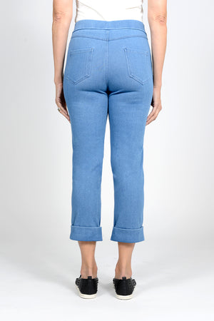Holland Ave Becca Denim Wide Cuff Pant in Vintage Blue Denim. Pull on denim pant with faux pockets and faux zipper placket. 2 rear patch pockets. 2" cuff. Inseam: 23 1/2"_33565603496136