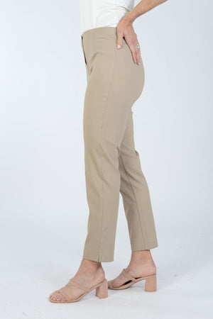 Holland Ave Ausi Sammy Ankle Pant in Khaki. Pull on pant with elasticized waist. Faux front fly. Slim leg. 28" inseam._34021374230728
