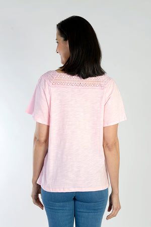 Top Ligne Crochet Square Neck Tee in Pink. Square neck in front with crocheted lace around neckline in front and back. Raglan flutter sleeve. A line shape. Relaxed fit._34111182962888