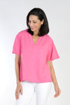 Top Ligne Embroidered Detail Tee in Hot Pink.  V neck top with embroidery insets on v placket.  Short flutter sleeve.  Back gathered yoke.  Straight hem. A line shape.  Relaxed fit._t_34111175655624