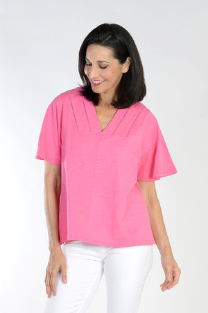 Top Ligne Embroidered Detail Tee in Hot Pink.  V neck top with embroidery insets on v placket.  Short flutter sleeve.  Back gathered yoke.  Straight hem. A line shape.  Relaxed fit._34111175655624