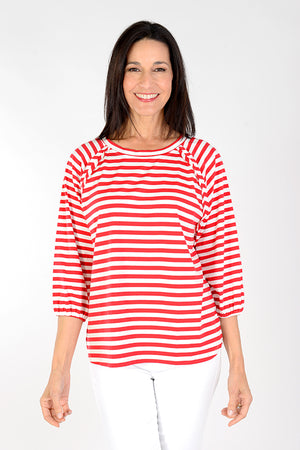 Top Ligne Striped Raglan Balloon Sleeve Top in Red and White stripes.  Banded crew neck with raglan balloon sleeves.  Elastic cuffs.  Reverse raw raglan seams.  Relaxed fit._34038551871688