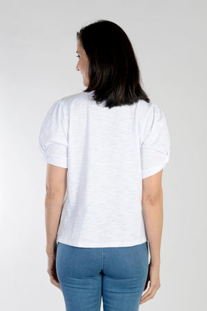 Top Ligne Gathered Sleeve Tee in White. V neck tee with short gathered puff sleeve with twist cuff detail. Side slits. Relaxed fit._34111171461320