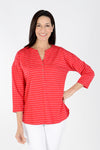 Top Ligne Striped Button Henley in Red with narrow white stripes. Split crew neck faux 3 button placket. 3/4 sleeve Drop shoulder. 2 buttons on left side of placket below neckline. Gathered back. Shirt tail hem. Relaxed fit._t_34025958244552