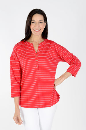 Top Ligne Striped Button Henley in Red with narrow white stripes. Split crew neck faux 3 button placket. 3/4 sleeve Drop shoulder. 2 buttons on left side of placket below neckline. Gathered back. Shirt tail hem. Relaxed fit._34025958244552