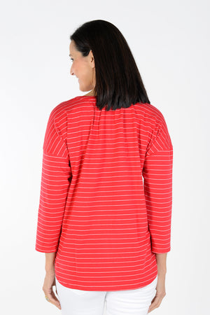 Top Ligne Striped Button Henley in Red with narrow white stripes. Split crew neck faux 3 button placket. 3/4 sleeve Drop shoulder. 2 buttons on left side of placket below neckline. Gathered back. Shirt tail hem. Relaxed fit._34025958342856