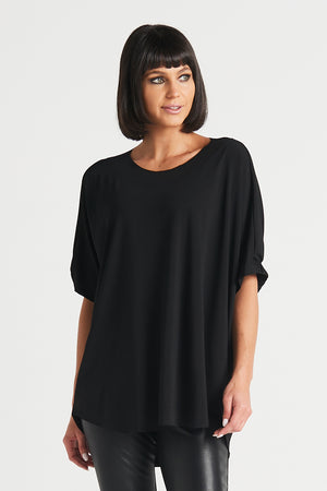 Planet Matte Jersey Fashion Tee in Black.  Crew neck short dolman sleeve top.  Elastic at back sleeve hem.  High low curved hem.  Oversized fit._33904405676232
