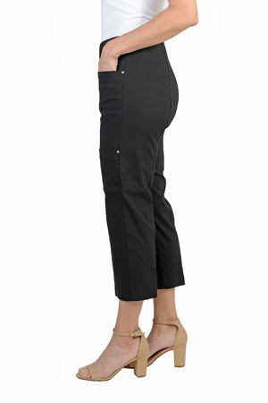Elliott Lauren Cargo Pocket Pant in Black. Double cargo pockets with stud detail. Pull on pant with elastic waist. Slim leg. 24" inseam._33905127981256