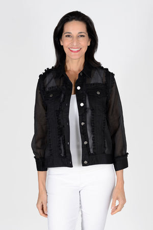 Frederique Raw Cut Seam Jacket in Black. Jean jacket styling. Mesh and denim jacket with pointed collar, 3/4 sleeve. Button down with button cuff. Denim has raw cut seam detail. Mesh sleeve with solid denim button cuff. Classic fit._33891825615048