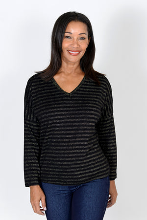 This lightweight and colorful shimmering knit top features long sleeves and sparkling stripes.  The flattering shape and relaxed fit are designed for comfort. The Top Ligne Glitter Stripe Top is perfect for year-round wear!_33643073765576