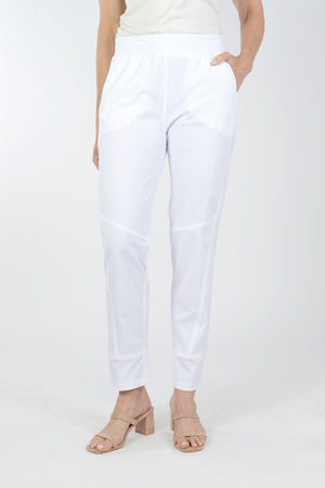 Elliott Lauren Seam Detail Pant in White. 2" elastic waistband. 2 front slash pockets. Seam detailing on leg. Back curved yoke. Relaxed fit. 29"inseam._34046078812360