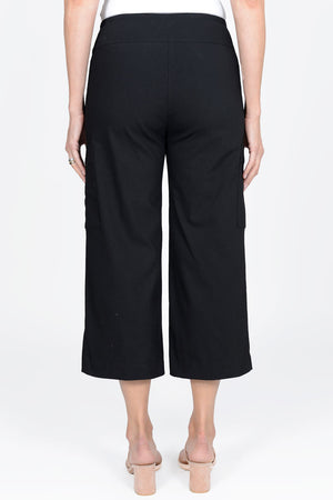 Elliott Lauren Wide Leg Cargo Crop in Black. Pull on pant with 3" waistband and cargo pockets on each leg. 22" inseam, 10" leg opening._33958983958728
