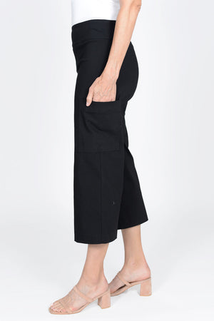Elliott Lauren Wide Leg Cargo Crop in Black. Pull on pant with 3" waistband and cargo pockets on each leg. 22" inseam, 10" leg opening._33958983860424