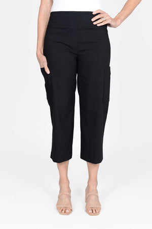 Elliott Lauren Wide Leg Cargo Crop in Black.  Pull on pant with 3" waistband and cargo pockets on each leg.  22" inseam, 10" leg opening._33958983729352