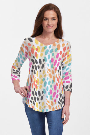 Whimsy Rose Santa Fe Flowy Tunic.  Black yellow blue  orange and pink dots on a white background.  Back reverses to geometric dot print in the same colors.  V neck 3/4 sleeve a line tunic.  Relaxed fit._34065124786376