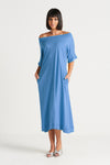 Planet Tokyo Dress in Cornflower blue. Wide boat neck with elbow length sleeves. Wide hem. 2 inseam pockets. Swing shape. Oversized fit._t_33905033871560
