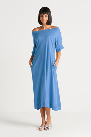 Planet Tokyo Dress in Cornflower blue. Wide boat neck with elbow length sleeves. Wide hem. 2 inseam pockets. Swing shape. Oversized fit._33905033871560