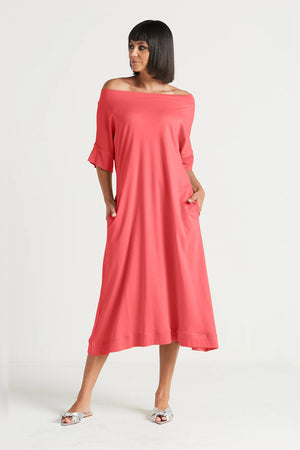 Planet Tokyo Dress in Watermelon. Wide boat neck with elbow length sleeves. Wide hem. 2 inseam pockets. Swing shape. Oversized fit._33905033806024