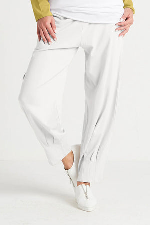 Planet Pinched Pleat Pant in White. Elastic waist pull on pant with draped lantern style leg with pinched pleats to cinch at hem. 2 Side seam pockets. Relaxed fit._34035368853704