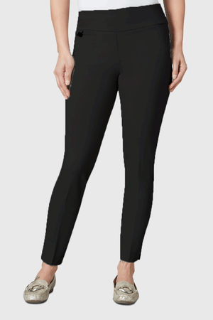 Lisette Kathryne Slim Ankle Pant pull on pant with 3" waistband silver tab on right hip. slim pant front view black_23238214025416
