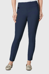 Lisette Kathryne Slim Ankle Pant pull on pant with 3" waistband silver tab on right hip. slim pant front view midnight_t_23238213959880