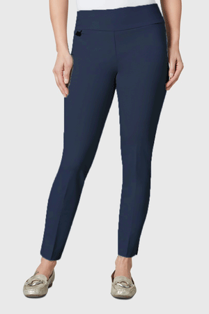 Lisette Kathryne Slim Ankle Pant pull on pant with 3" waistband silver tab on right hip. slim pant front view midnight_23238213959880