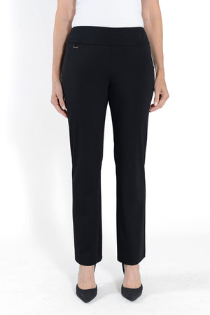 Lisette L Montreal Kathryne Full Length Trouser in Black.  Pull on pant with 3" waistband.  Pant falls straight from hip.  9" knee opening and 9" leg opening.  31" inseam._33511555793096