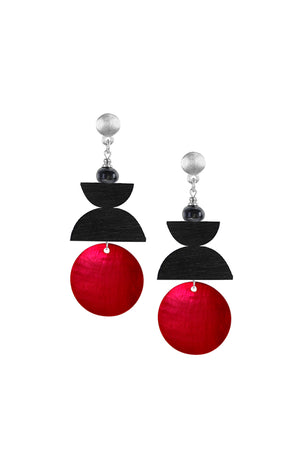 Modern and chic pair of drop earrings each showcasing a luminous red shell disc hanging from two stacked wooden half circle beads dangling from flat silver circle stud with standard hypoallergenic surgical steel post and rubber back._33842237276360