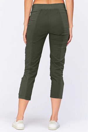 Wearables Geyser Crop Pant in Olive. Pull on pant with ruched jersey insets. 10" rise. 24 1/2" inseam. 2 front pockets_33926743621832