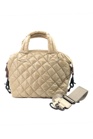Mini Quilted Convertible Handbag with web strap and double handles in soft metallic gold_14966839574637