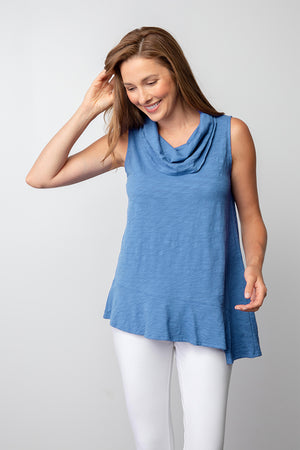 Habitat Pebble Sleeveless Flounce Top in River blue. Cowl neck sleeveless top with asymmetric flounce at hem. Relaxed fit._34128541712584
