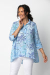 Habitat Travel Princess Seamed Shirt in Sky.  Stylized block print flowers in shades of blue green and white on a sky blue background.  Pointed collar button down shirt.  Contour seaming front and back.  3/4 sleeve with split cuff and button trim.  Inverted "U" hem in front; curved in back.  High low hem.  Relaxed fit._t_34133763064008