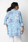 Habitat Travel Princess Seamed Shirt in Sky. Stylized block print flowers in shades of blue green and white on a sky blue background. Pointed collar button down shirt. Contour seaming front and back. 3/4 sleeve with split cuff and button trim. Inverted "U" hem in front; curved in back. High low hem. Relaxed fit._t_34133763227848