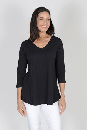 Top Ligne Slub Flowy Tee in Black.  V neck 3/4 sleeve top with a line flowy shape.  Curved hem.  Relaxed fit._32687187460296