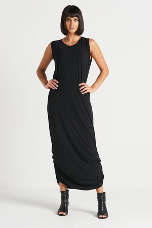 Planet Matte Jersey Tank Dress in Black.  Scoop neck sleeveless tank dress with side ruched detail .   Curved hem.  Relaxed fit_34112589627592