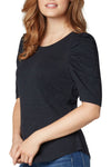 Liverpool Gathered Sleeve Tee in Black. Crew neck tee with inset gathered short sleeve. U shaped hem. Classic fit._t_32572164931784