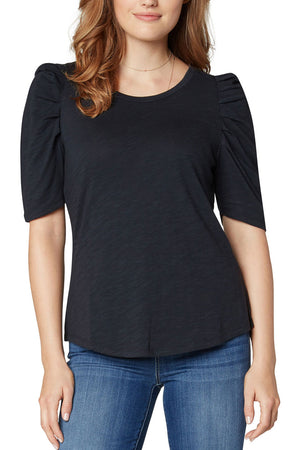 Liverpool Gathered Sleeve Tee in Black.  Crew neck tee with inset gathered short sleeve.  U shaped hem.  Classic fit._32572164964552