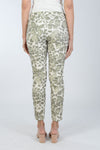 Organic Rags Spots Pant. Stylized animal print in Khaki on a white and beige background. Elastic waist pull on pant with metallic drawstring. 2 front slash pockets. Stretch crinkle fabric. Back pointed yoke detail. Convertible hem. Inseam: 27 1/2"_t_34011793981640