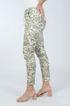 Organic Rags Spots Pant. Stylized animal print in Khaki on a white and beige background. Elastic waist pull on pant with metallic drawstring. 2 front slash pockets. Stretch crinkle fabric. Back pointed yoke detail. Convertible hem. Inseam: 27 1/2"_t_34011793916104