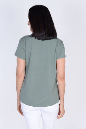 Organic Rags Double Star Tee with Pocket in Khaki. Crew neck short sleeve tee with clear sequin breast pocket. 2 silver stars at pocket. Clear sequined hem detail in frontLinen front; cotton back and sleeves. Straight front hem, curved at back. Classic fit._34151830225096
