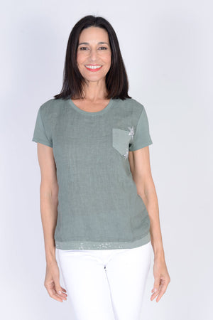 Organic Rags Double Star Tee with Pocket in Khaki. Crew neck short sleeve tee with clear sequin breast pocket. 2 silver stars at pocket. Clear sequined hem detail in frontLinen front; cotton back and sleeves. Straight front hem, curved at back. Classic fit._34151830192328