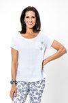 Organic Rags Double Star Tee with Pocket in White. Crew neck short sleeve tee with clear sequin breast pocket. 2 silver stars at pocket. Clear sequined hem detail in frontLinen front; cotton back and sleeves. Straight front hem, curved at back. Classic fit._t_34043493286088