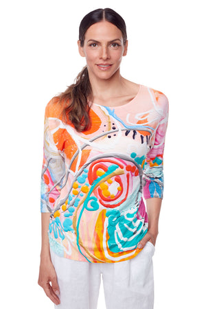 Claire Desjardins Happy Days Dolman Sleeve top.  Bright turquoise pink and orange abstract swirl print on a pale pink background.  Crew  neck 3/4 dolman sleeve top.  Slightly curved hem.  Relaxed fit._34038854222024