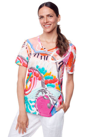 Claire Desjardins Happy Days V Neck Tee.  Bright colored abstract screen print.  V neck short sleeve a line tee.  Relaxed fit._34043835941064